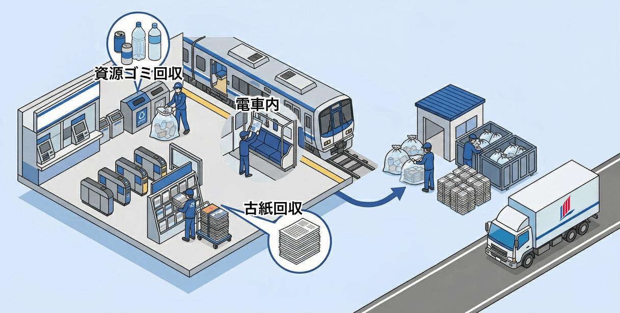 駅ゴミ・リサイクル物品回収の業務フロー図